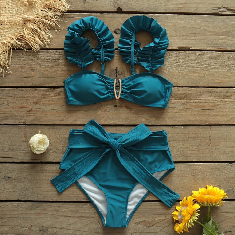 Two-Pieces Women Push-Up Padded Bra Ruffles Bandage Bikini Set Swimsuit Women's Bathing Suits Ruffles Flounce Bikini Sets Low Rise Two Piece Swimsuit Swimwear Bathing Suit Beachwear