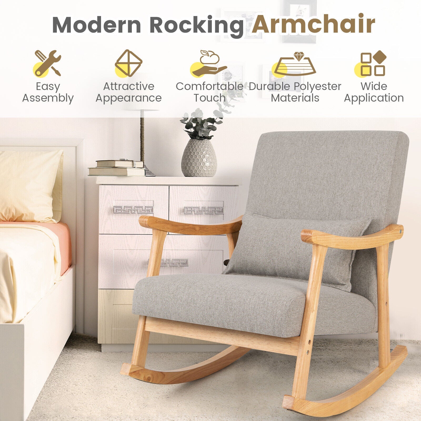 Upholstered Rocking Chair with Pillow and Rubber Wood Frame