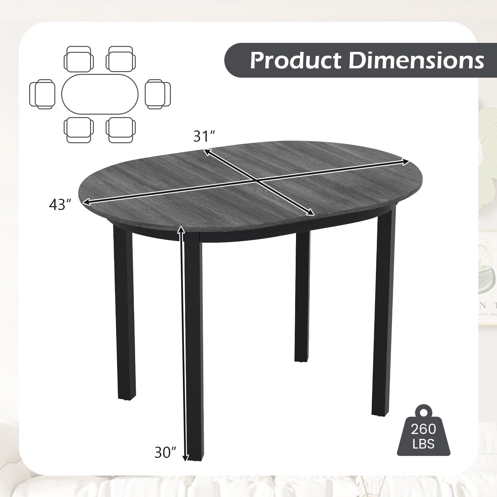 43 Inch Wooden Dining Table with Rubber Wood Legs for 2-4 People-Black