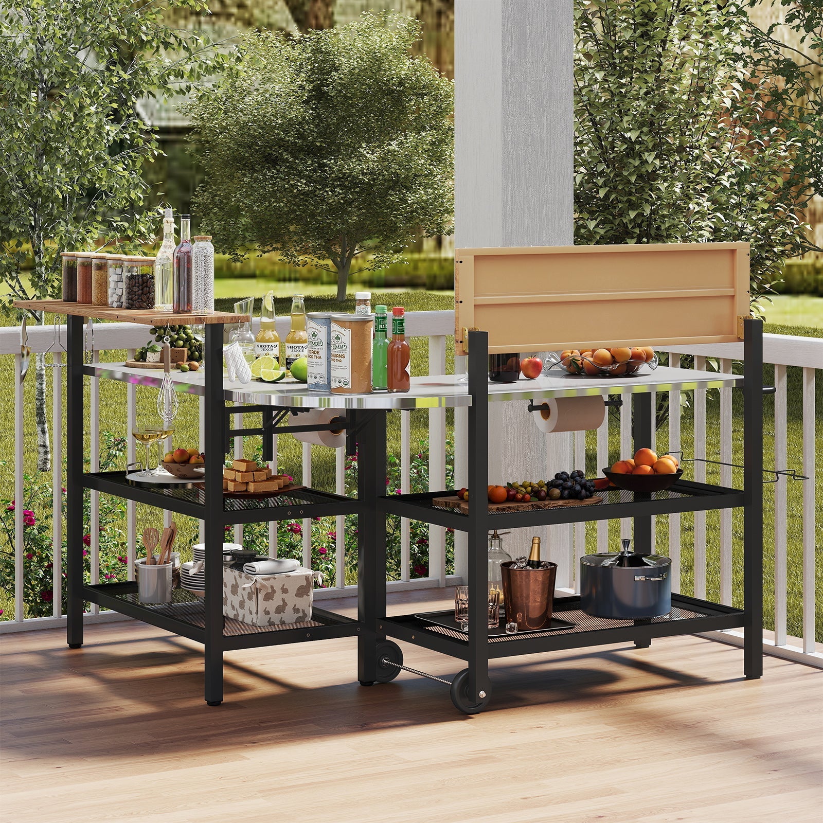 Outdoor Foldable Grill Table with Flip-Up Top and 2 Storage Shelves for Backyard Garden