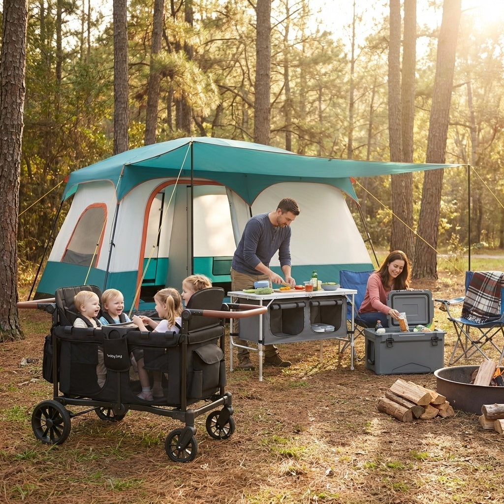 4-in-1 Family Camping Gear Set: Wagon Camping Table Cooler and Camping Tent