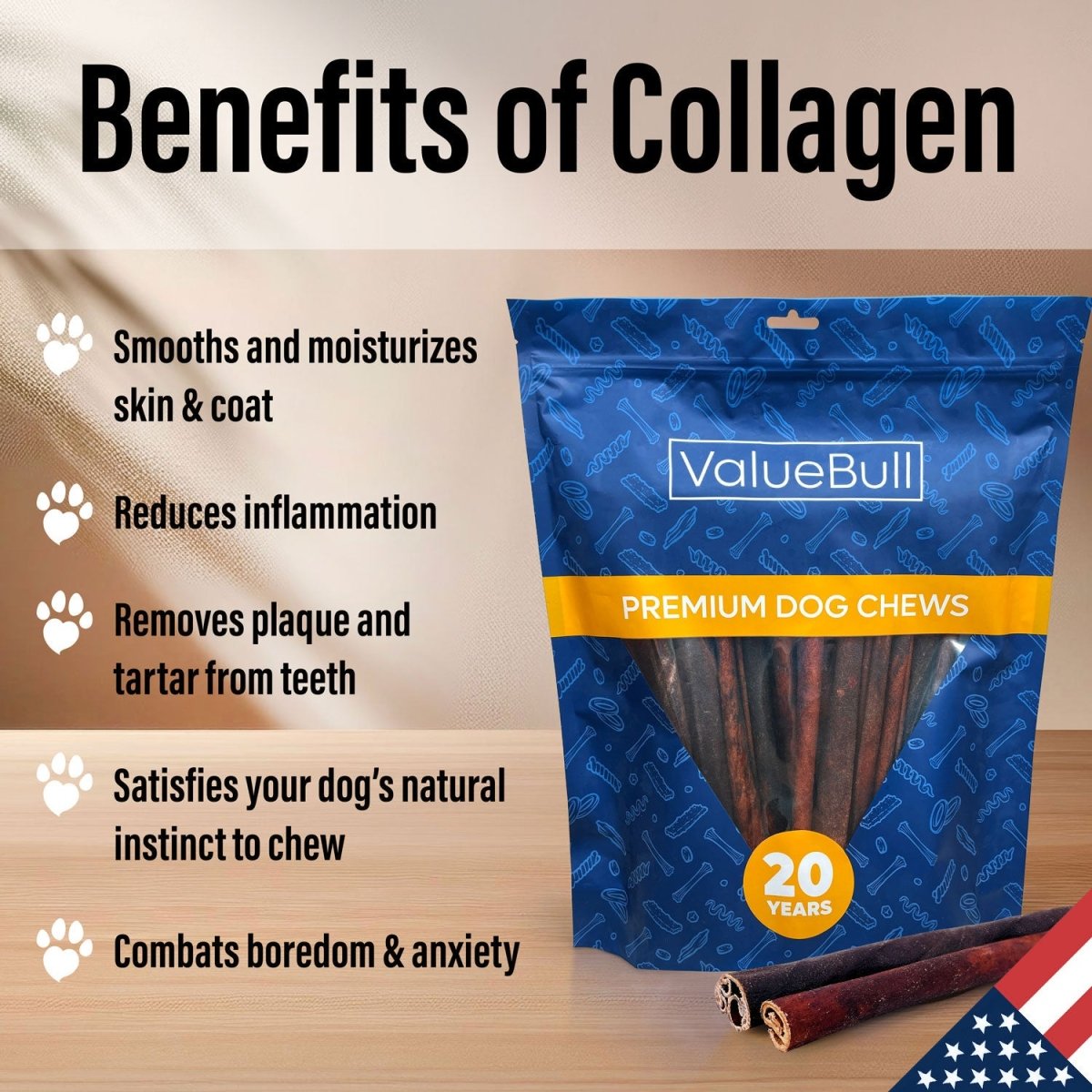 ValueBull USA Beef Collagen Sticks for Dogs, 12 Inch Thin Chews, 10 Count
