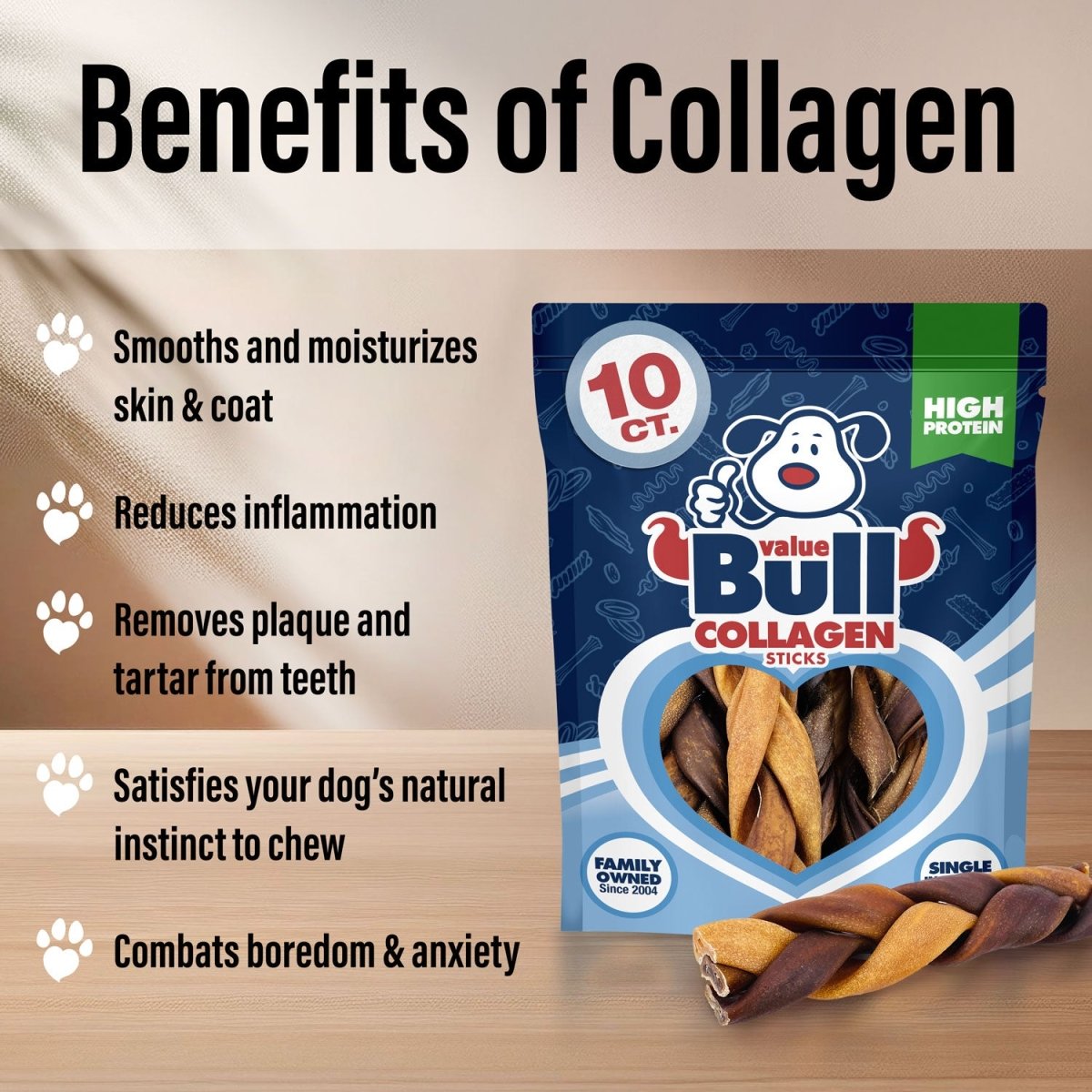 ValueBull Beef Collagen Braids for Dogs, 6 Inch Medium Chews, 10 Count