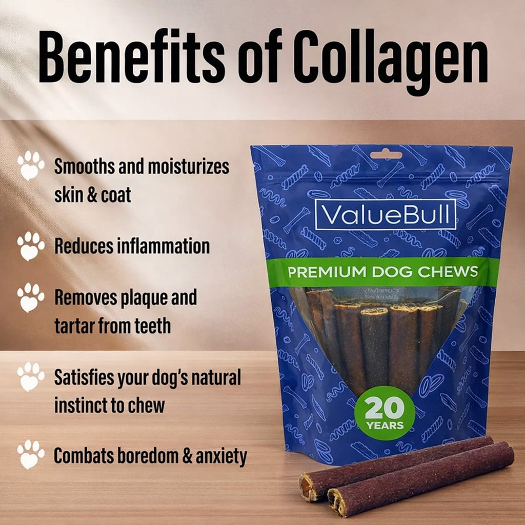ValueBull Buffalo Collagen Sticks for Dogs, 6 Inch Thick Chews, Natural Long-Lasting Dog Treats, 25 Count