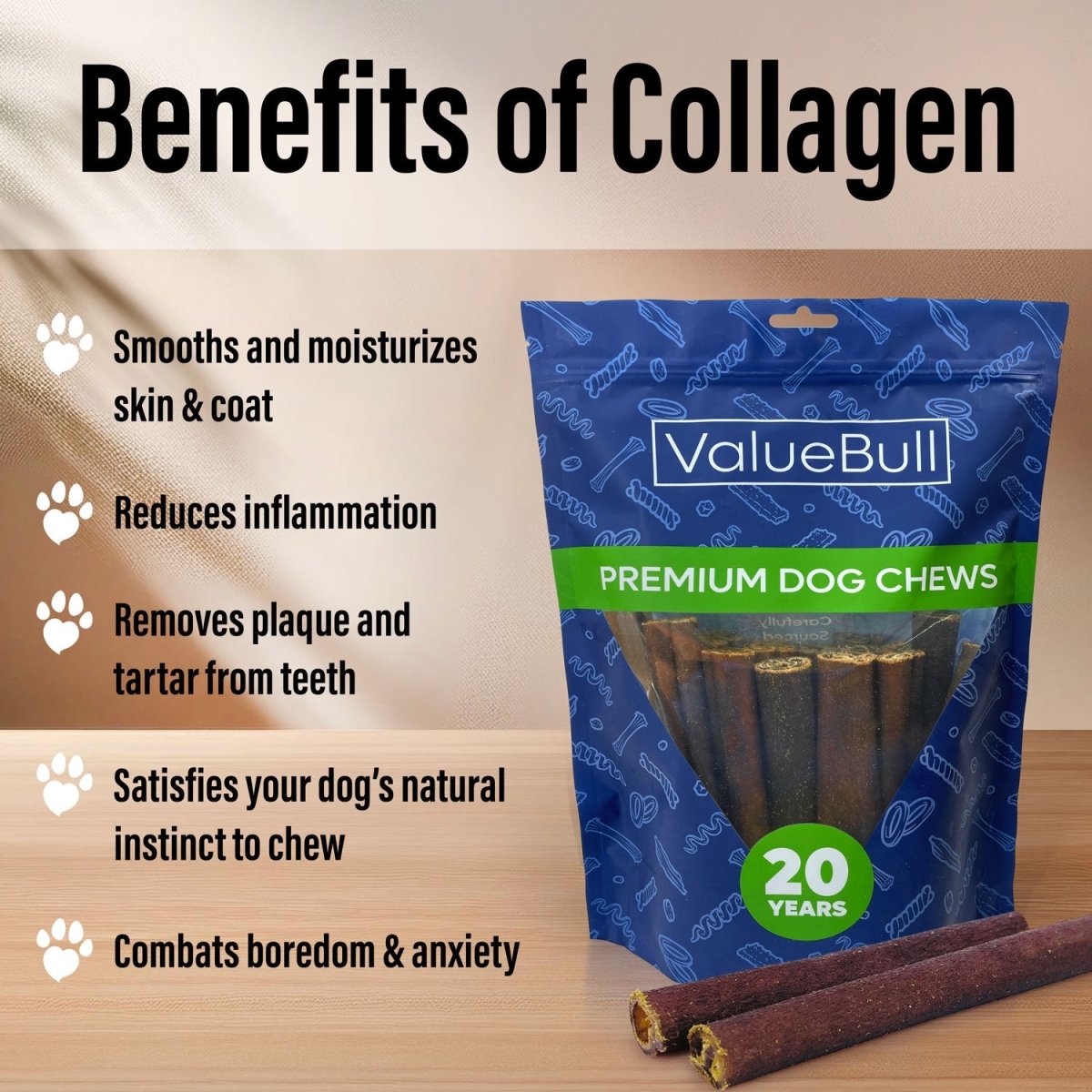 ValueBull Collagen Sticks for Dogs, 6 Inch Thick Chews, Natural Long-Lasting Dog Treats, 25 Count