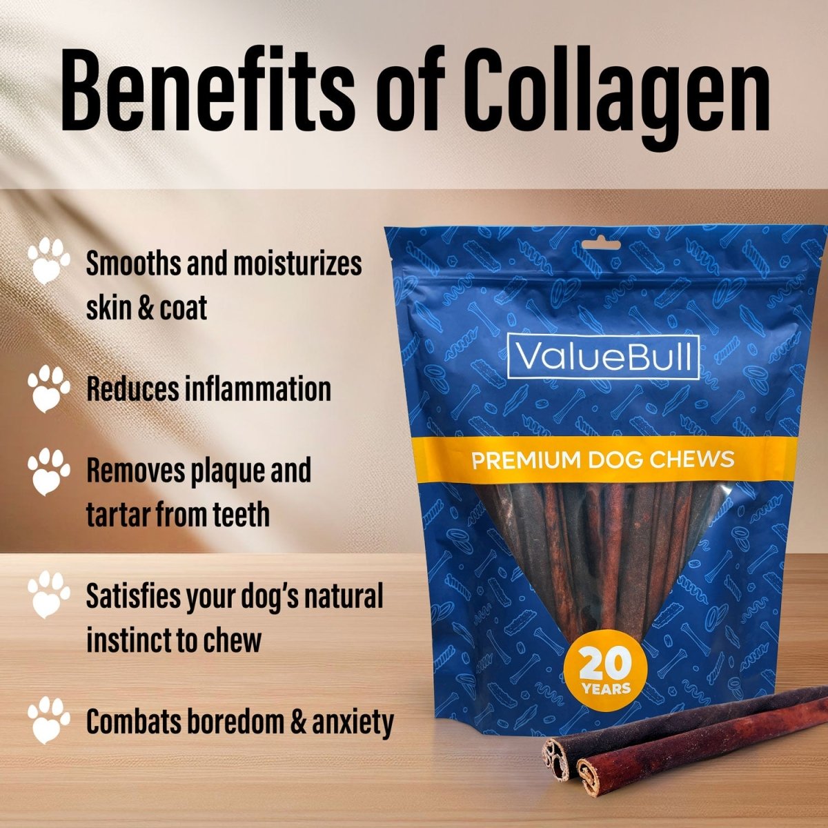 ValueBull Collagen Sticks for Dogs, 12 Inch Medium Chews, Natural Long-Lasting Dog Treats, 10 Count