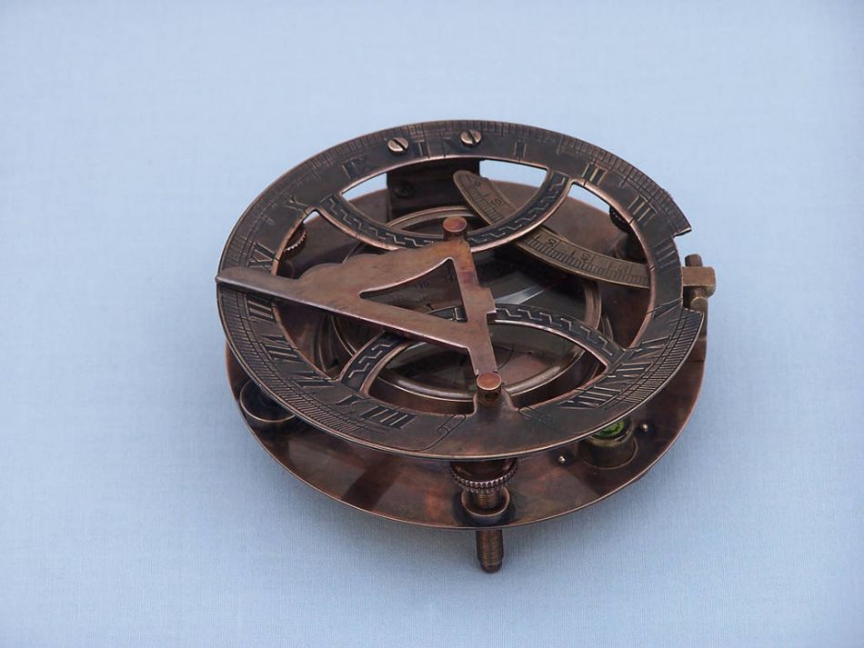 Antique Copper Round Sundial Compass with Rosewood Box 6""