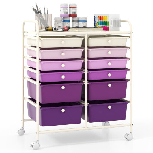 12-Drawer Rolling Storage Cart with Removable Drawers and Lockable Wheels-Purple