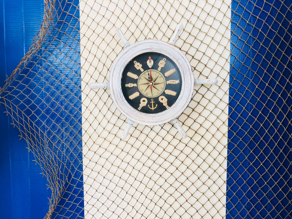 Wooden Rustic White and Blue Ship Wheel Knot Faced Clock 12""