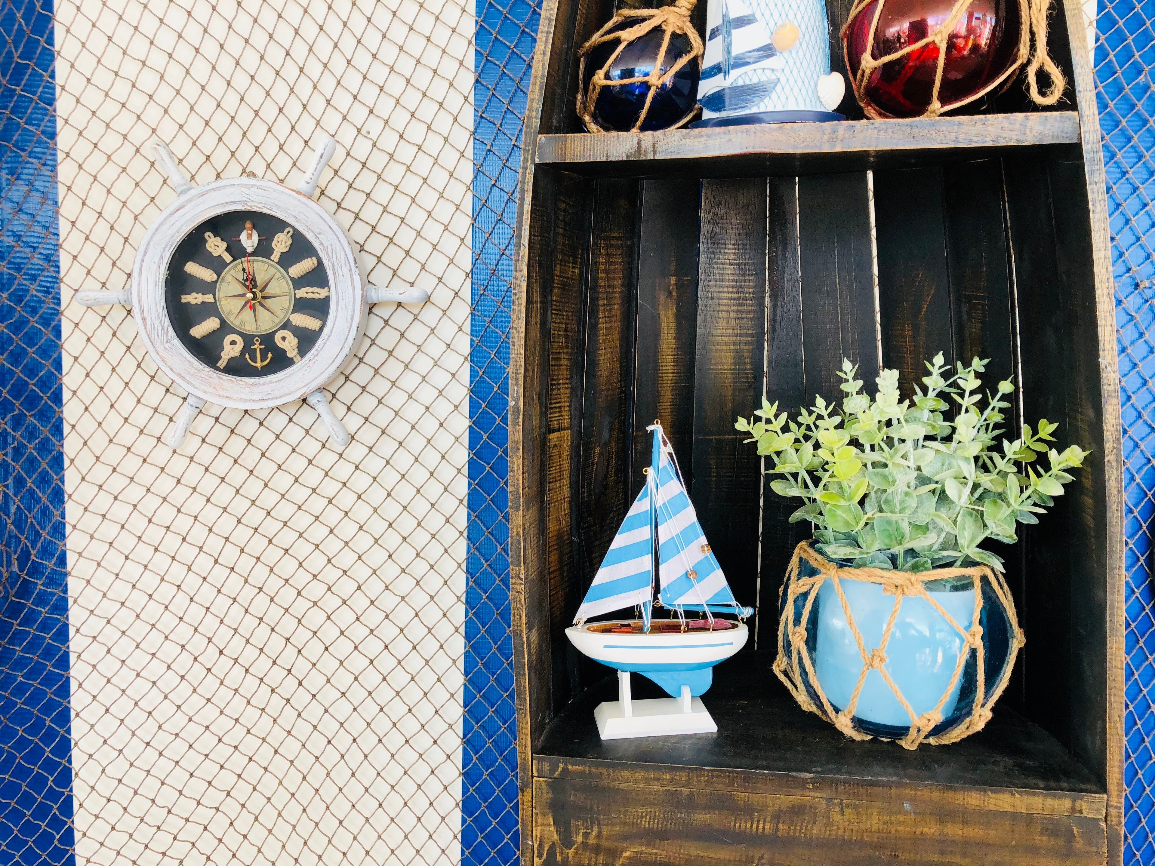 Wooden Rustic White and Blue Ship Wheel Knot Faced Clock 12""