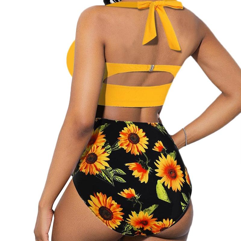 Women's Push Up Padded Bra Bikini Set Women Vintage Tropical Print Swimsuit Retro Halter High Waist Bikinis Bra Set Swimwear Two Piece Bathing Suit High Waist Swimsuit Floral Bathing Suit Swimwear Summer Bathing Suit Beachwear