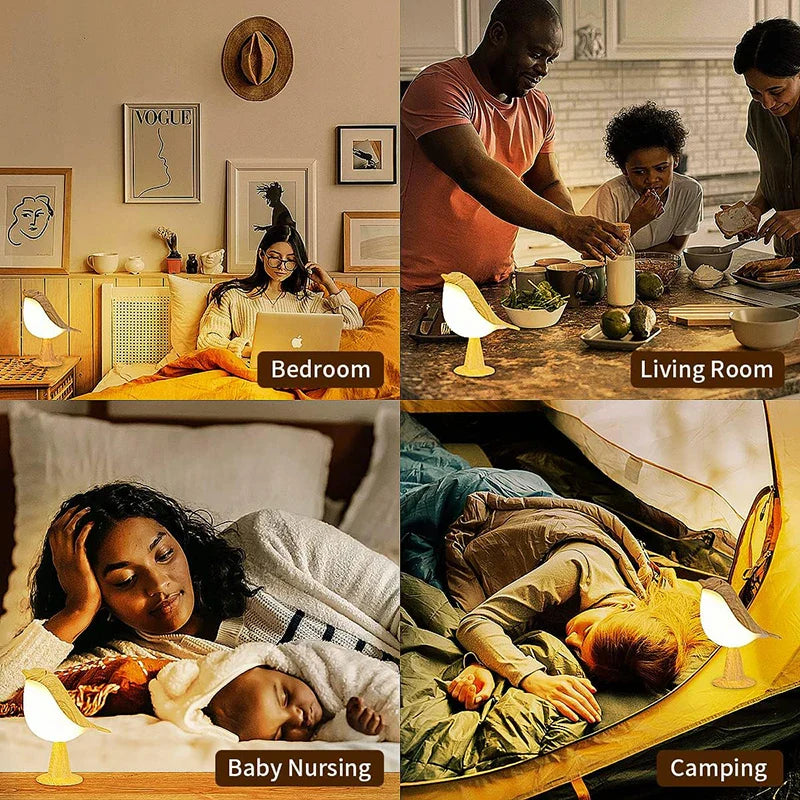 Wood - Effect Bird LED Night Light — Touch Rechargeable Bedside Lamp, 3 - Color Dimmable - PhishStones Products
