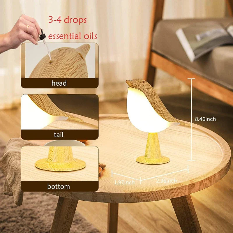 Wood - Effect Bird LED Night Light — Touch Rechargeable Bedside Lamp, 3 - Color Dimmable - PhishStones Products