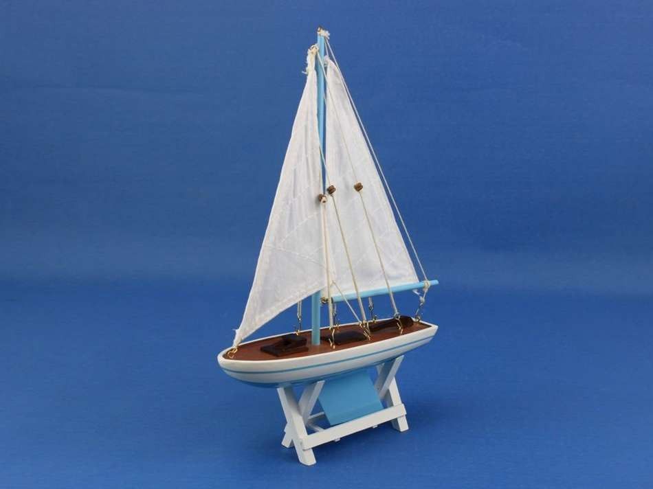 Wooden Decorative Sailboat 12"" - Light Blue Sailboat Model