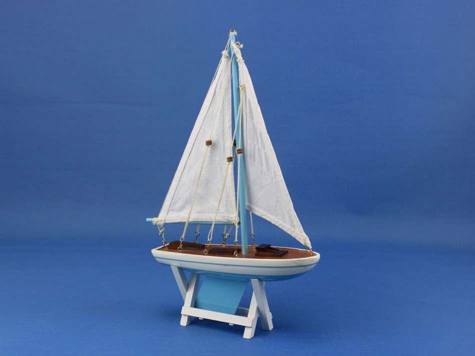 Wooden Decorative Sailboat 12"" - Light Blue Sailboat Model