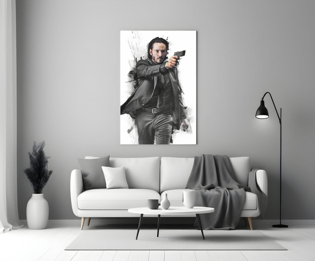 Suited Gunman Ink Splash Gray Glass Wall Art