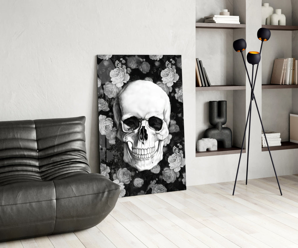 Monochrome Rose Garden Skull Glass Wall Art