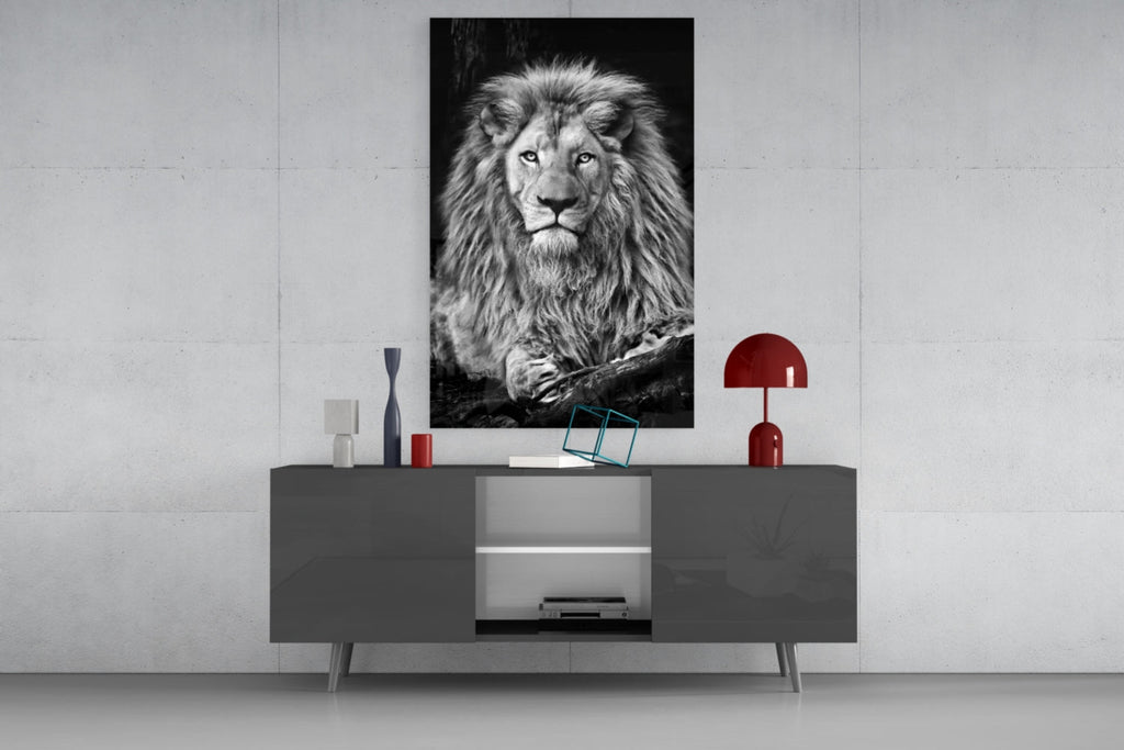 Regal Resting Lion Monochrome Glass Wall Art
