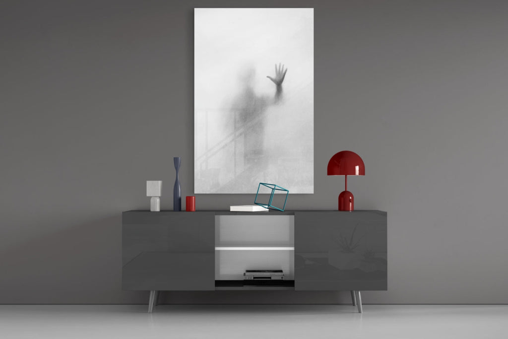 Vertical Blurred Figure Raised Palm Glass Wall Art