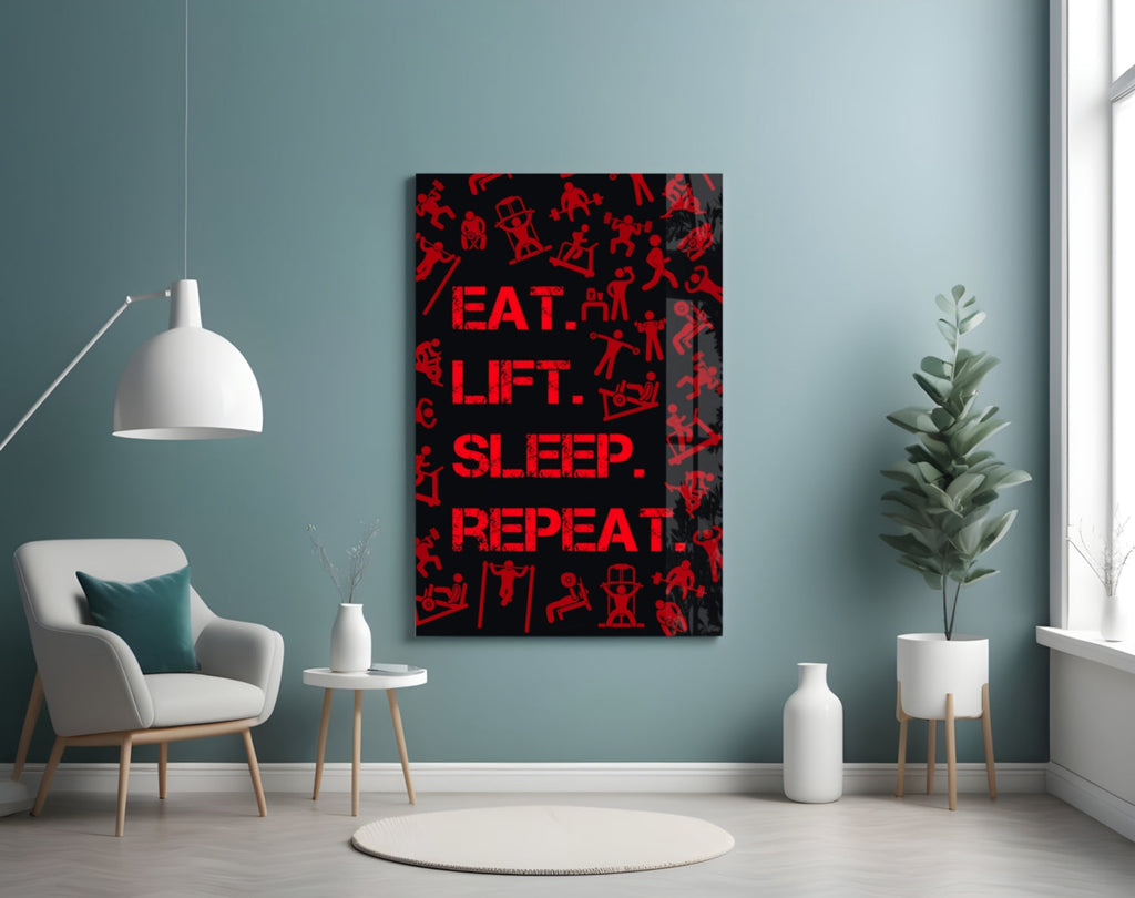 Red Gym Icons Eat Lift Sleep Repeat Glass Wall Art