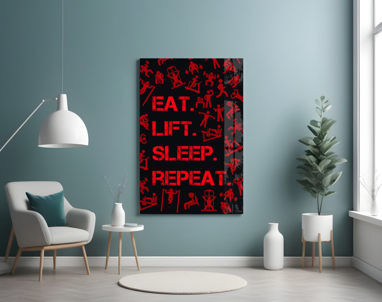 Red Gym Icons Eat Lift Sleep Repeat Glass Wall Art