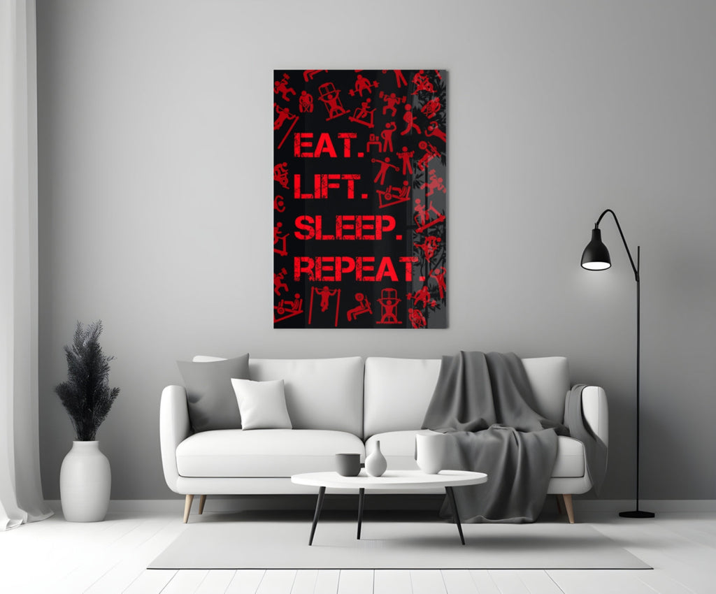 Red Gym Icons Eat Lift Sleep Repeat Glass Wall Art