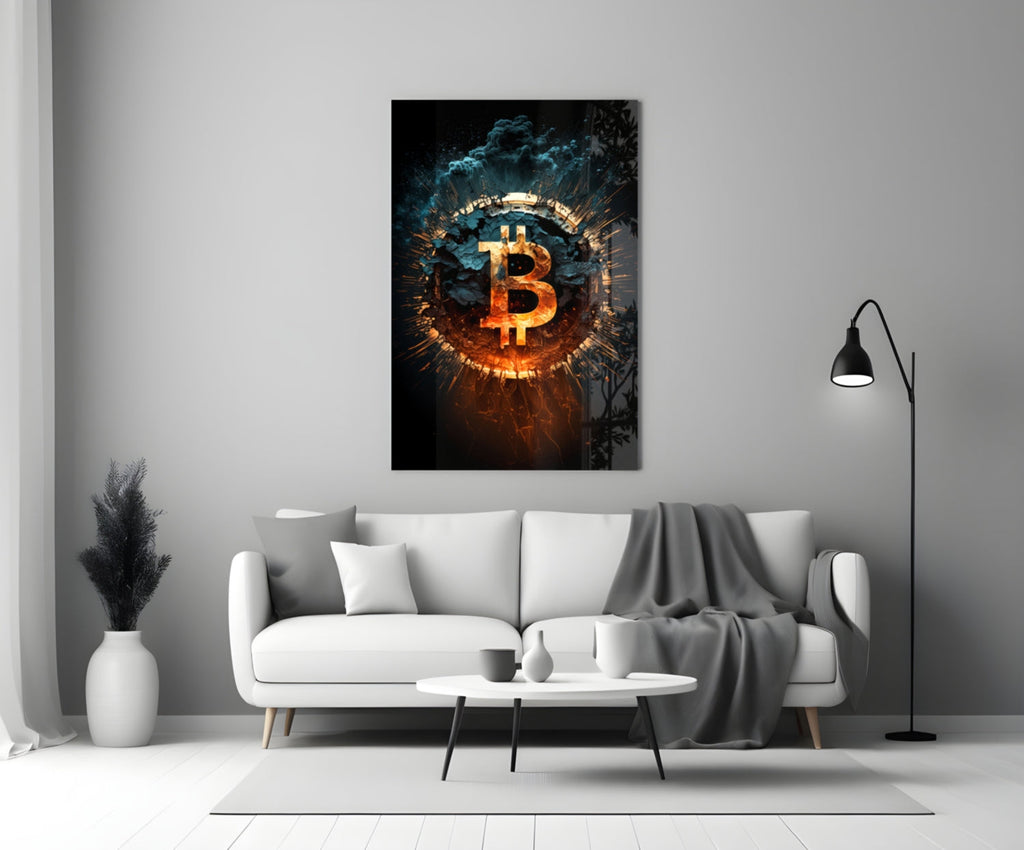 Fiery Cracked Bitcoin Blast Glass Wall Art