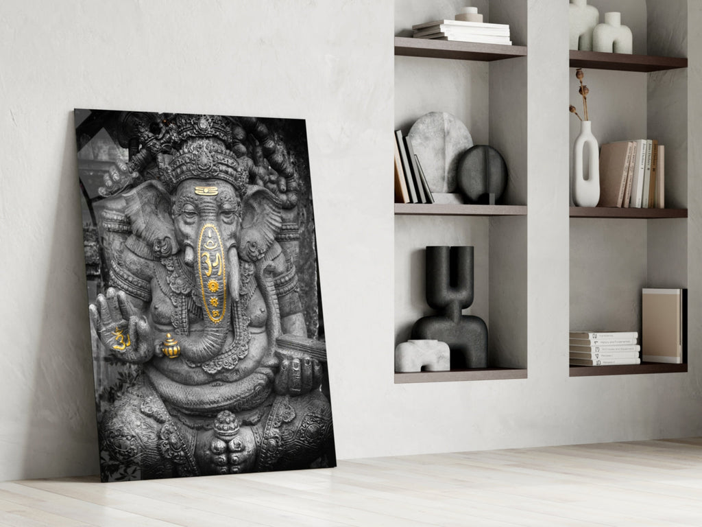 Gold Accented Stone Statue Ganesha Glass Wall Art