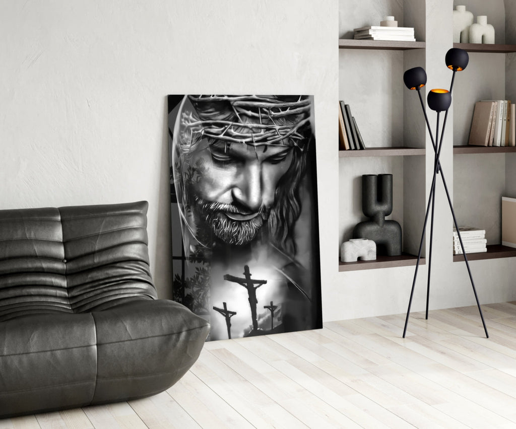 Black and White Crown of Thorns Jesus Glass Wall Art