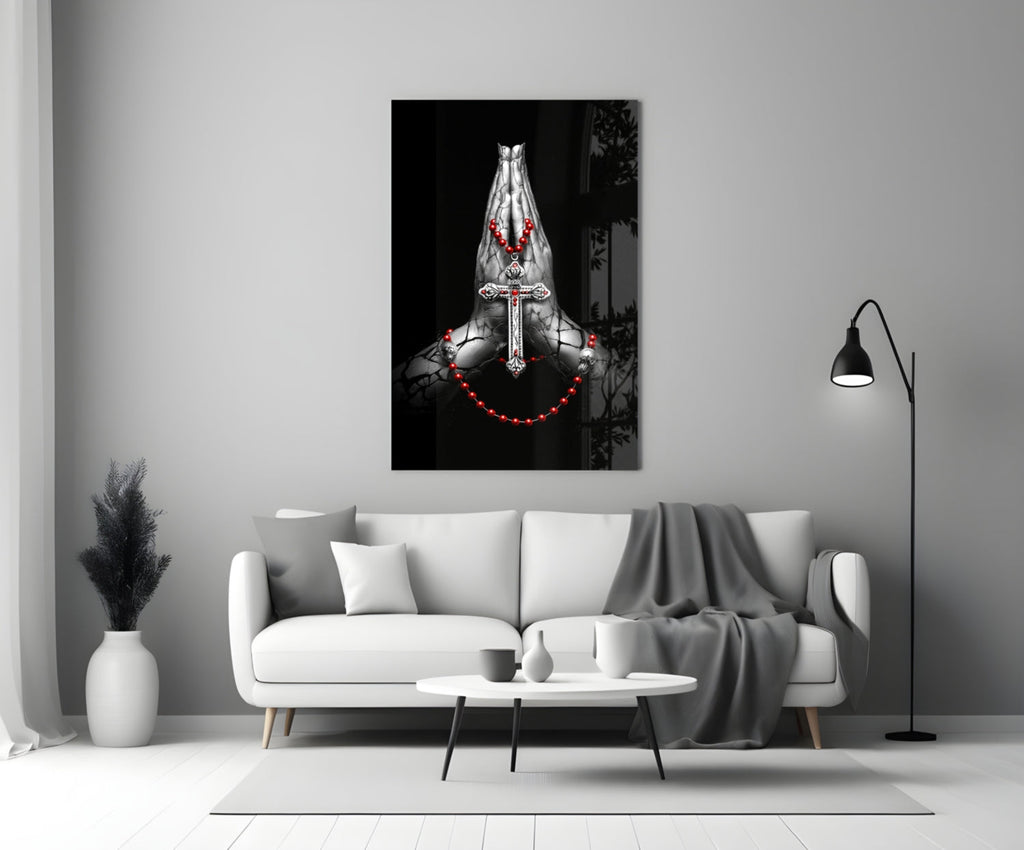 Praying Hands Red Rosary Cross Glass Wall Art