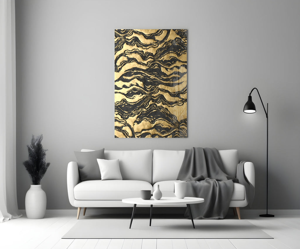 Black Marbled Ripple Golden Waves Glass Wall Art