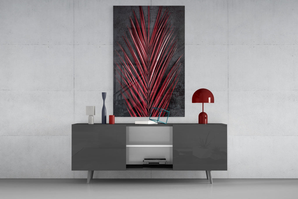 Crimson Red Palm Frond Areca Bunch Glass Wall Art