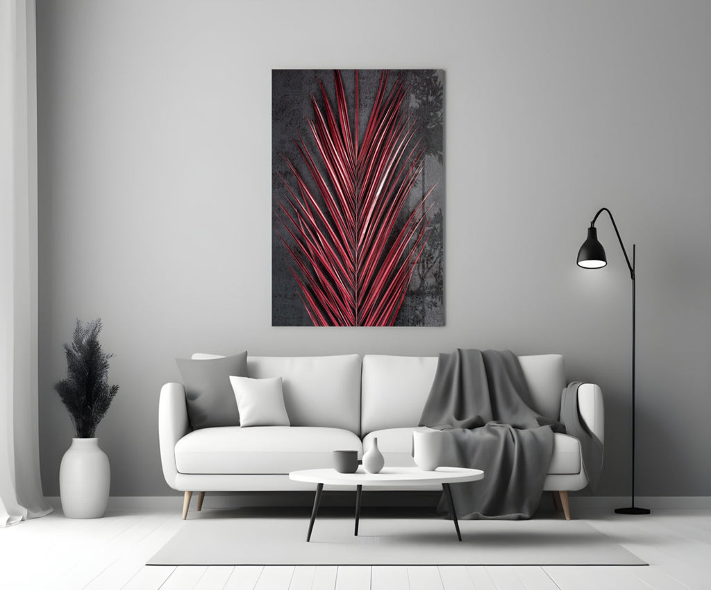 Crimson Red Palm Frond Areca Bunch Glass Wall Art