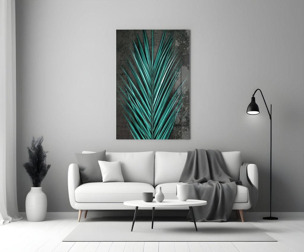 Turquoise Palm Frond Areca Bunch Glass Wall Art