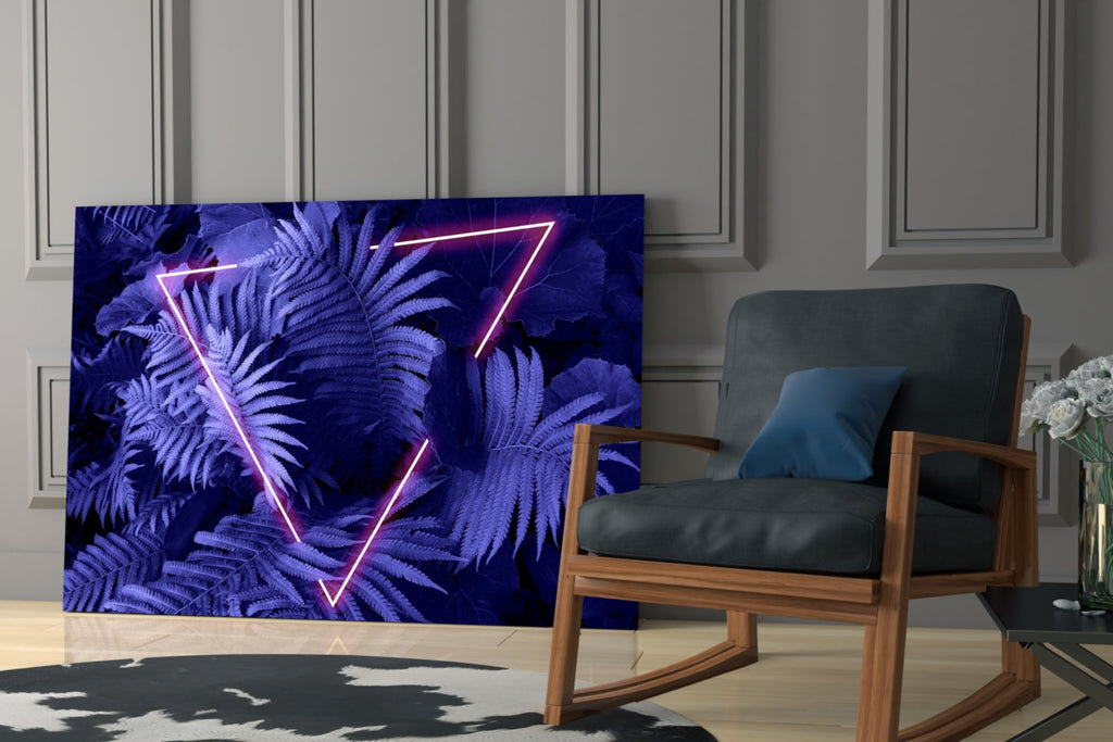 Purple Neon Triangle Ferns Glass Wall Art