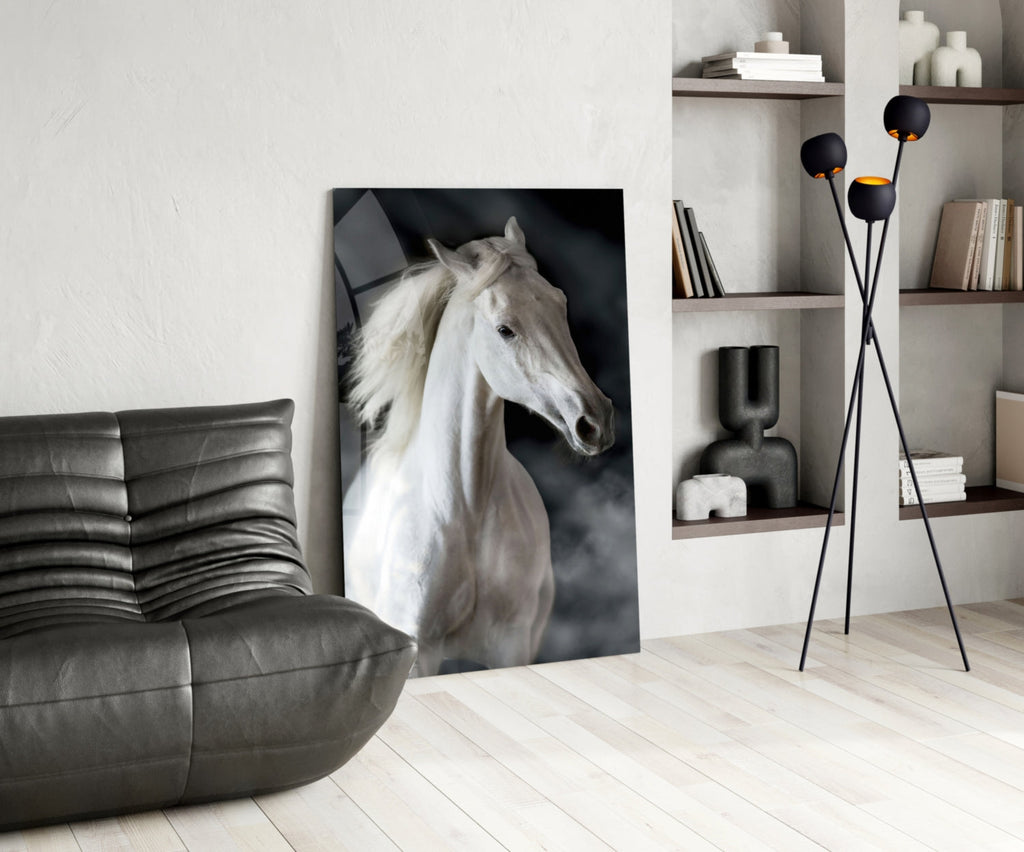 Flowing Mane White Stallion Glass Wall Art