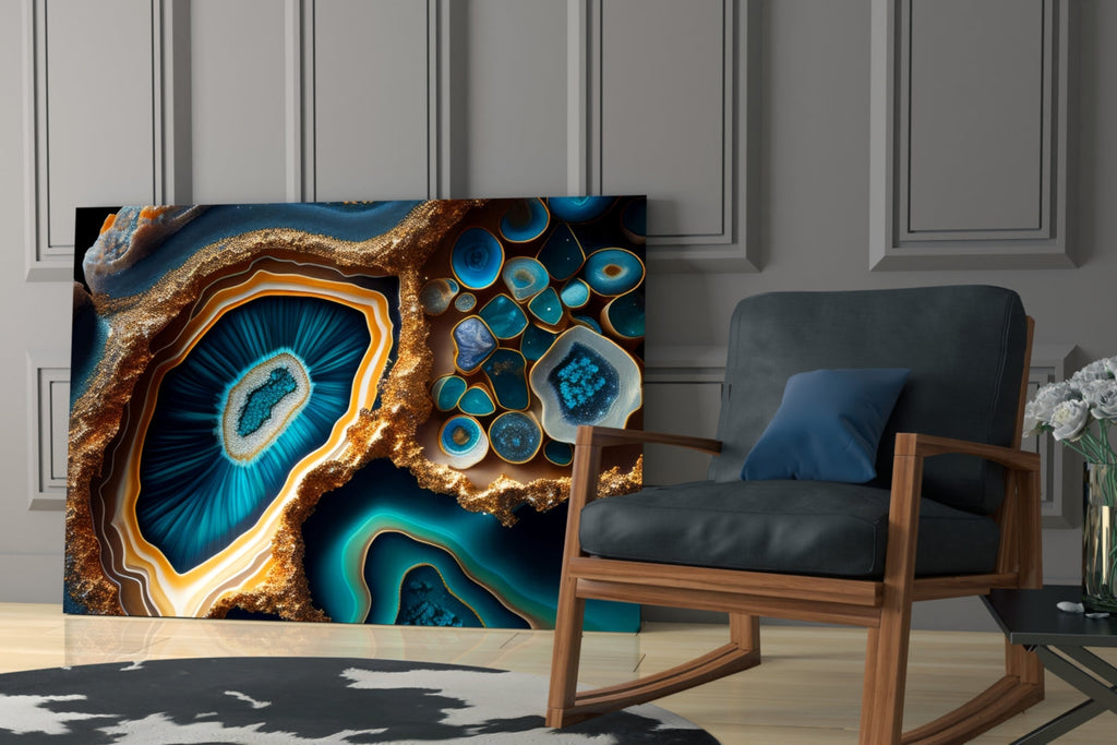 Teal Gold Agate Geode Glass Wall Art