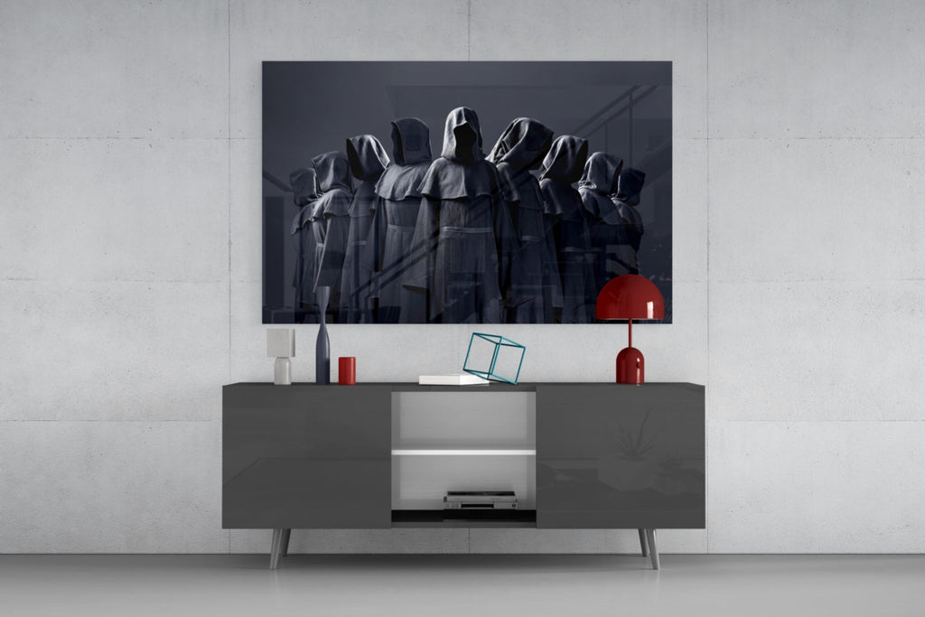 Hooded Figures in Shadow Glass Wall Art
