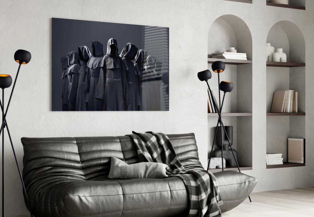 Hooded Figures in Shadow Glass Wall Art