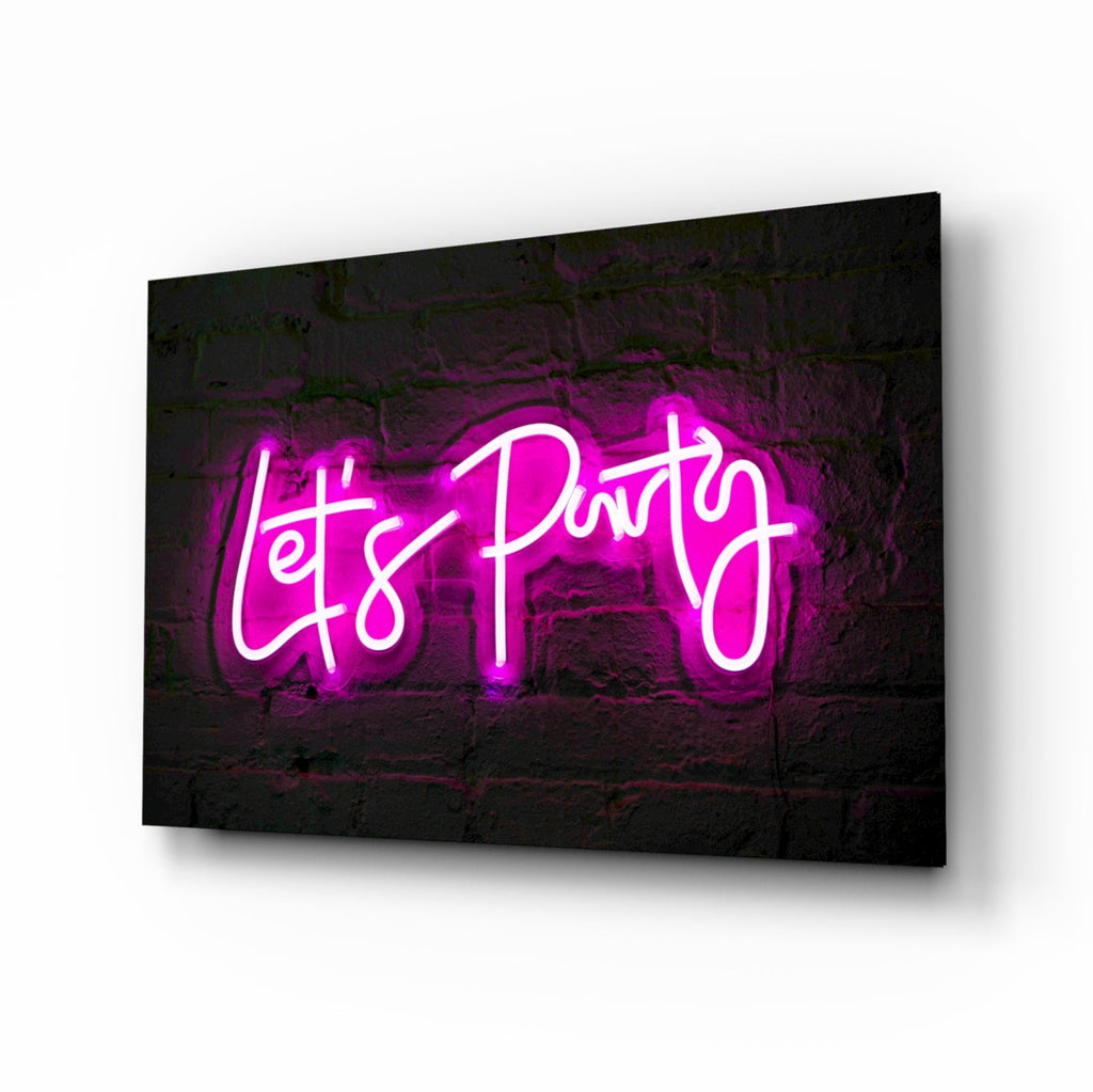 Pink Neon Lets Party Brick Glass Wall Art