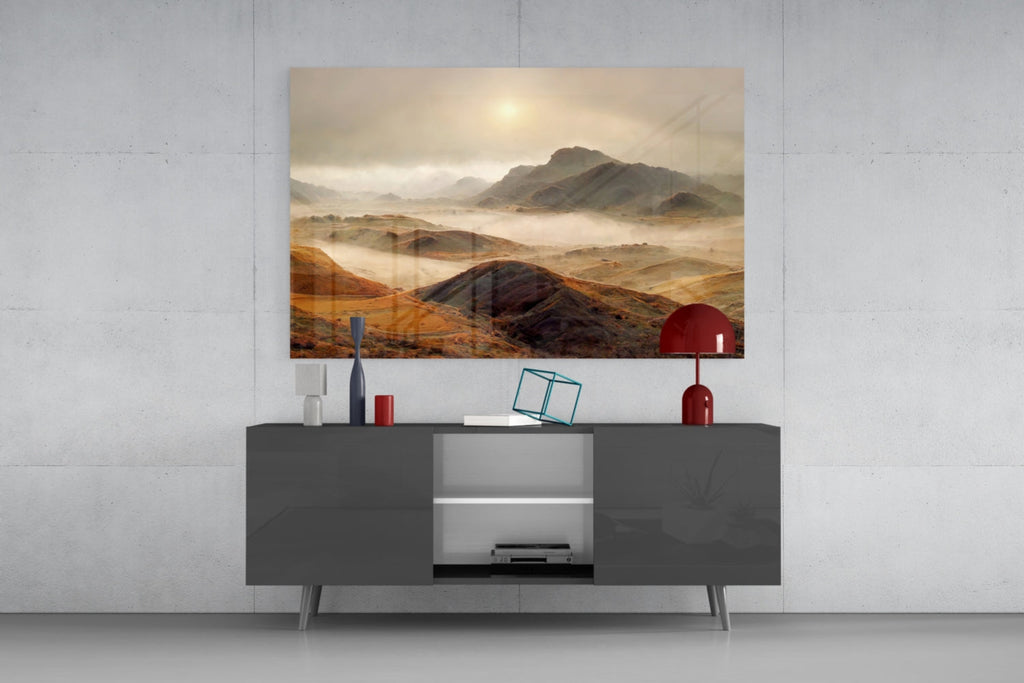 Pale Sun Foggy Ochre Hills Glass Wall Art