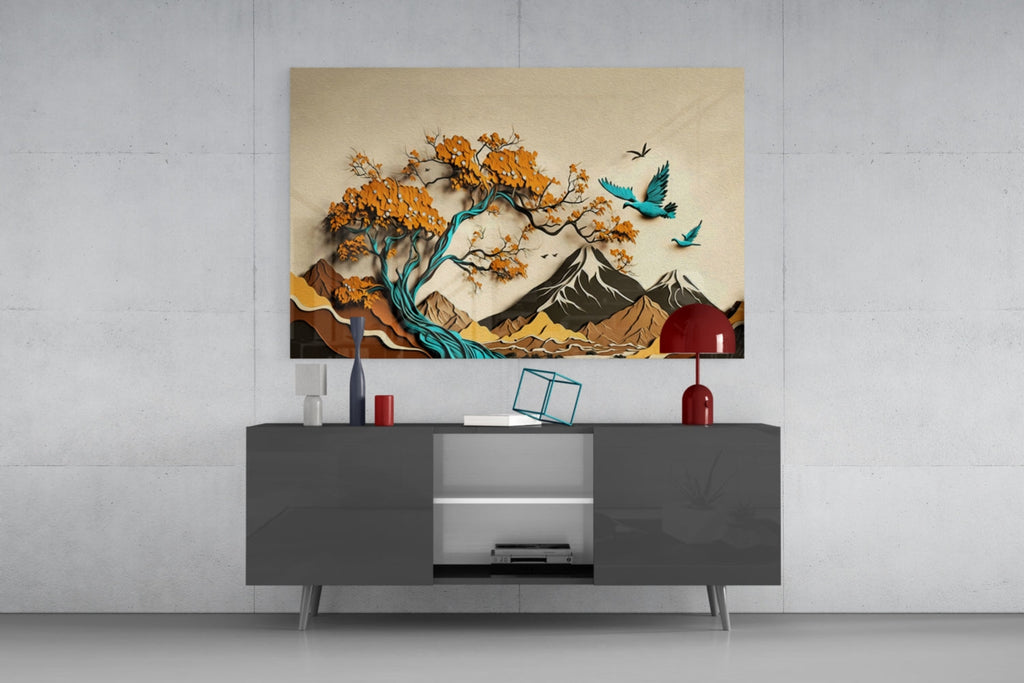Orange Tree and Teal Birds Mountain Art Glass Wall Art