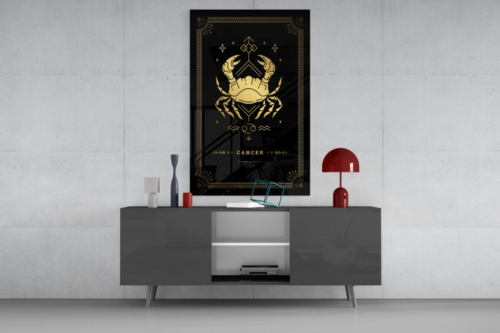 Gold Crab Zodiac Card on Black Glass Wall Art