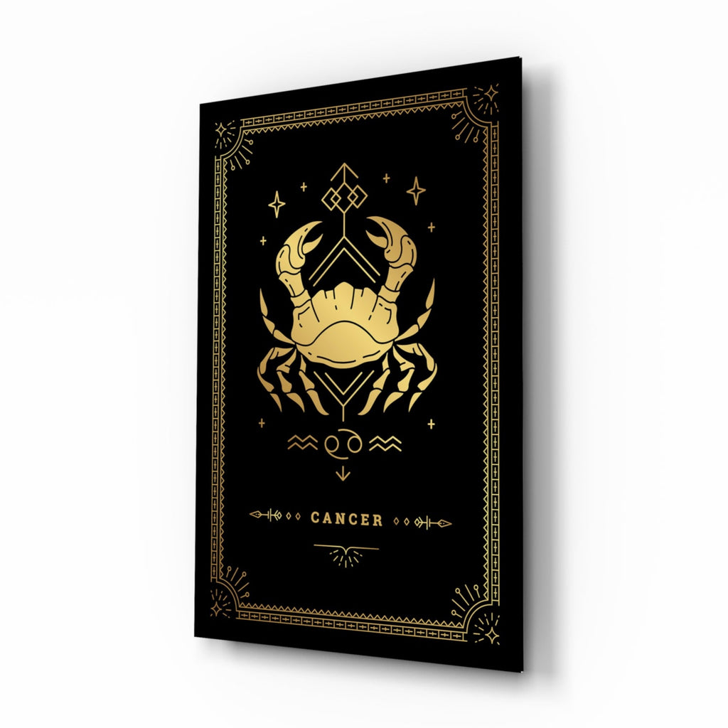 Gold Crab Zodiac Card on Black Glass Wall Art