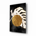 Gold Circle Behind White Monstera Leaf Art Glass Wall Art