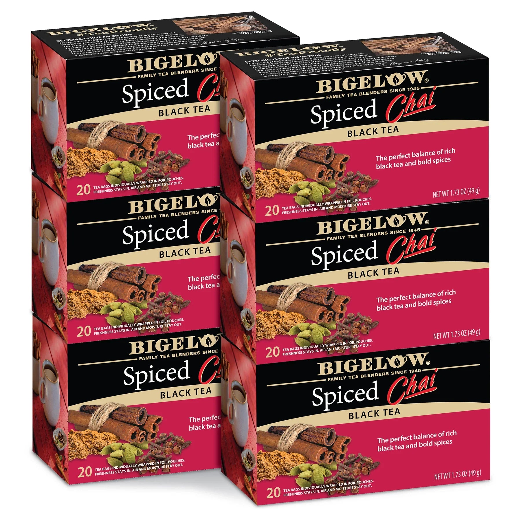 Bigelow Spiced Chai Black Tea Bags, Pack of 6 Boxes, 20 Bags Each.